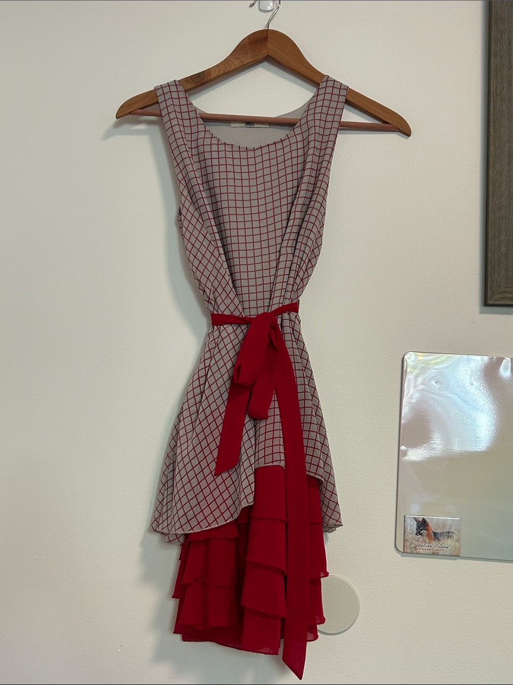 Red Grid Tiered Ruffle Dress with Waist Tie